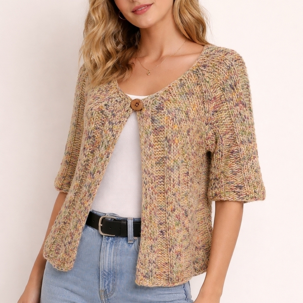 VTG 90s Pastel Rainbow Knit Shrug Chunky Open Front Cardigan Sweater